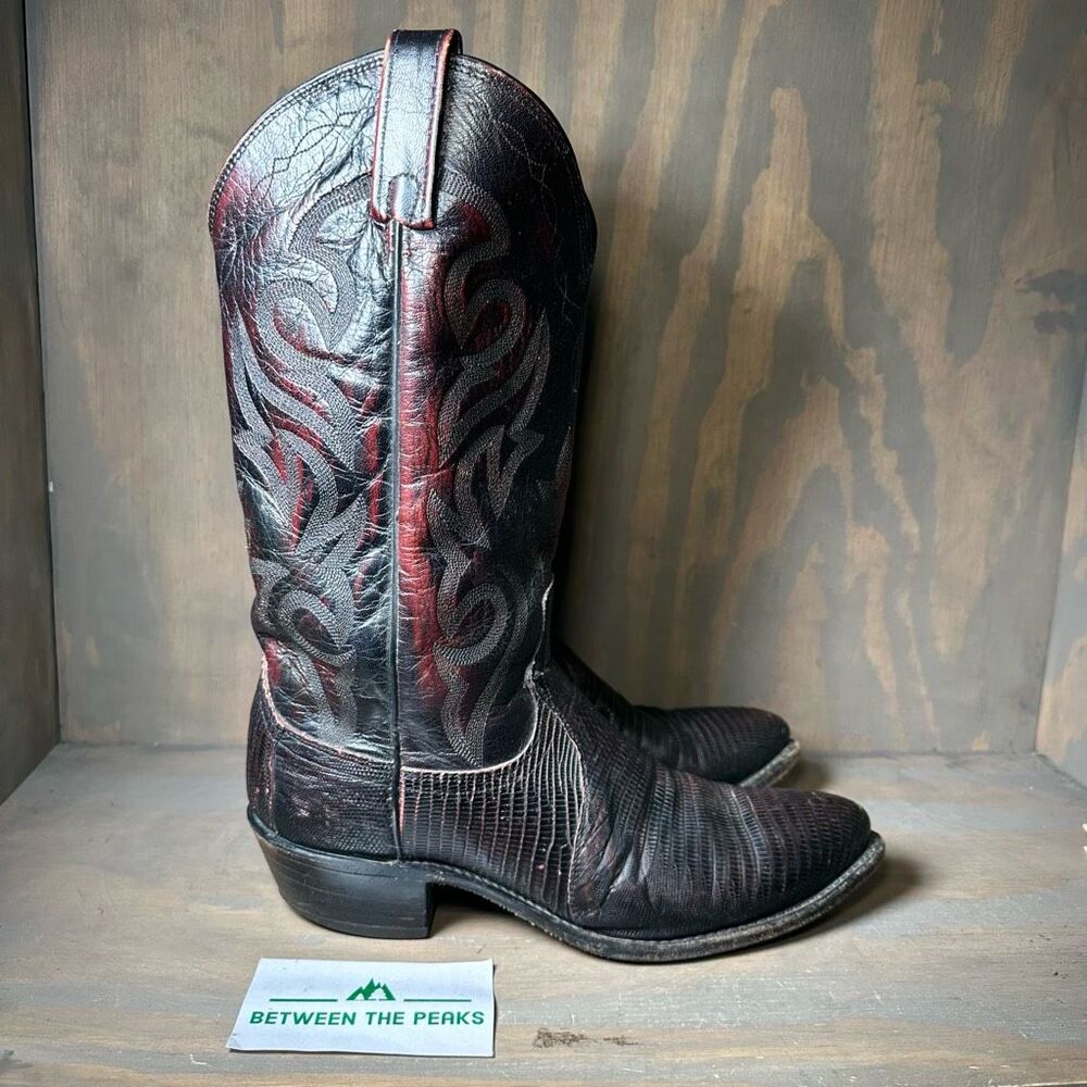 Dan Post Mens 8 D Teju Cowboy Western Boots Black Cherry Lizard Skin Pull On